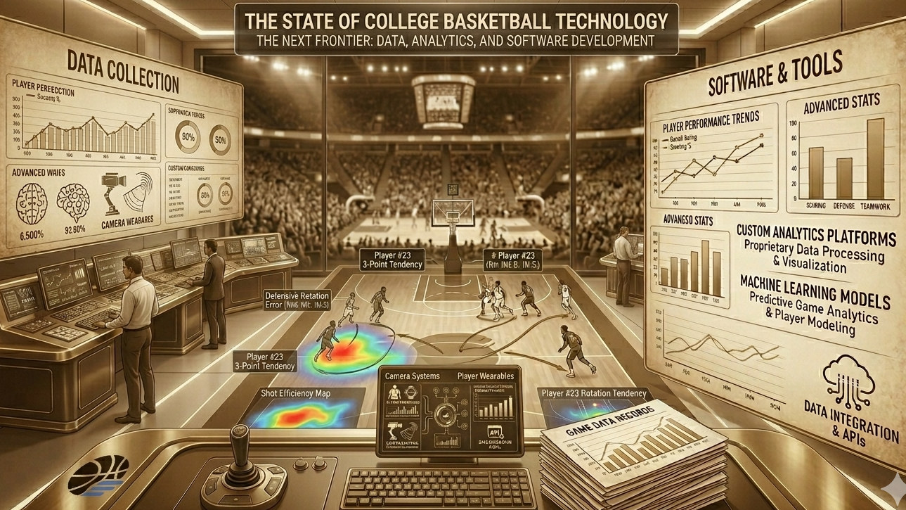 Illustrated arena control room for The State of College Basketball Technology