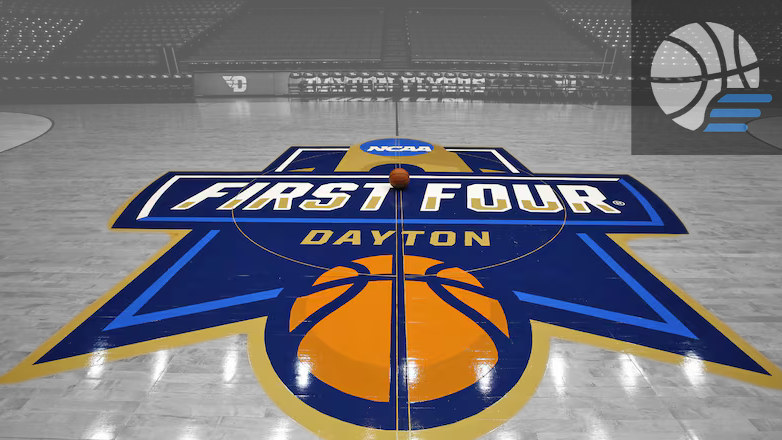 NCAA First Four logo painted at center court in Dayton